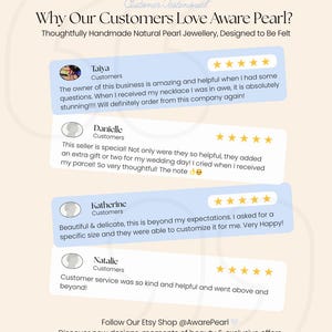 Op de afbeelding: Een klantbeoordelingsafbeelding voor Aware Pearl met vier vijfsterrenrecensies. De tekst luidt: Why Our Customers Love Aware Pearl? Thoughtfully Handmade Natural Pearl Jewellery, Designed to Be Felt. Follow Our Etsy Shop @AwarePearl.