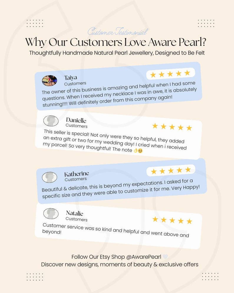 Op de afbeelding: Een klantbeoordelingsafbeelding voor Aware Pearl met vier vijfsterrenrecensies. De tekst luidt: Why Our Customers Love Aware Pearl? Thoughtfully Handmade Natural Pearl Jewellery, Designed to Be Felt. Follow Our Etsy Shop @AwarePearl.