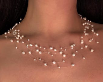 Bruidsketting met zwevende parels, meerlaagse zoetwaterparelketting, illusie-choker met meerdere parelstrengen, huwelijksjuwelencadeau voor haar