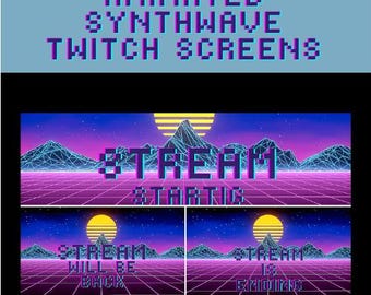 May include: Animated Synthwave Twitch Screens with a retro 80s aesthetic. The design features pixelated text and a vibrant color palette of purple, pink, and blue. The screens include "Stream Starting", "Stream Will Be Back", and "Stream is Ending".