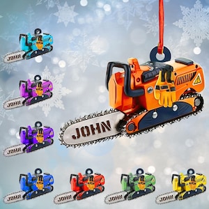 Personalized Arborist Ornament: Chainsaw & Pine Tree, Acrylic Xmas Decoration