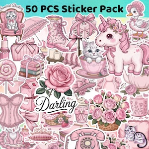 COMBO 50Pcs Coquette Girly Pink, Aesthetic Girly Stickers, Sticker for Planner, Laptop, Phone Case, Kindle, Scrapbook, Cute Sticker For Girl
