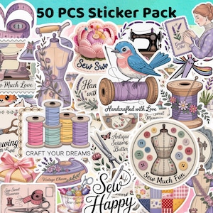 COMBO 50Pcs Aesthetic Sewing Stickers, Sewing Sticker Pack, Waterproof Sticker Bundle, Die Cut Stickers, Sewing Machine Stickers