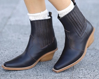 Handmade Brown Leather Cowboy Ankle Boots | Western Platform Heel