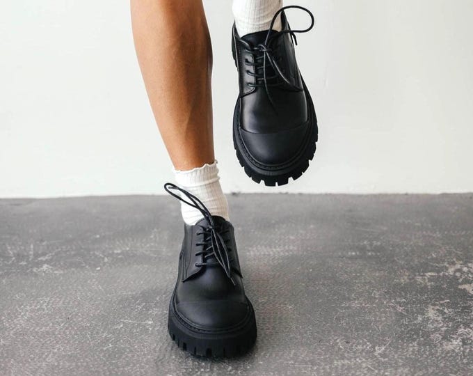 Black Leather Lace Up Loafers, Matte and Patent Heeled Shoes