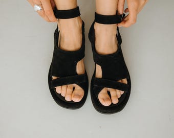 Black Suede Strappy Sandals | Elegant Minimalist Summer Ankle Strap Flats