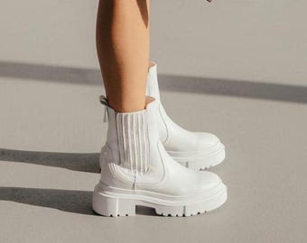 White Leather Chunky Chelsea Boots: Handmade Fleece/Sheepskin Lined