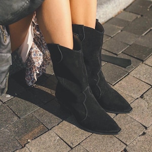 Black Suede Cowboy Boots for Women – Mid-Calf Western Boots with Side Zipper – Handmade Comfortable Daily Wear