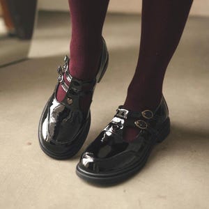 Handmade Black Patent Leather Mary Jane Loafers: Heart Detail Buckle Straps