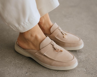 Handmade Beige Suede Loafer Mules: Tassel Slip-On Clogs