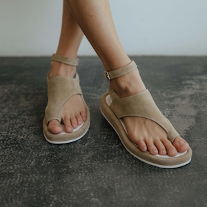Beige Suede Sandals with Ankle Buckle – Lightweight Sole, Toe Loop, Closed Upper Design, Handmade Women’s Summer Shoes