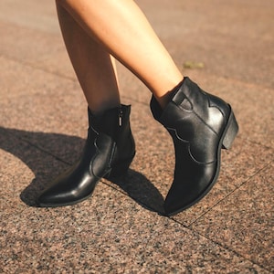 Black Leather Cowboy Boots for Women – Ankle High Western Boots with Side Zipper – Handmade Comfortable Daily Wear