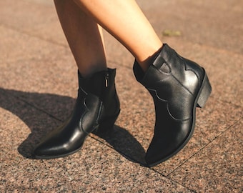 Handmade Black Leather Ankle Cowboy Boots: Western Style Side Zipper