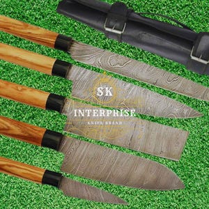 Handmade Damascus Chef Knife Set: 5-Piece Kitchen Knives with Wood Handle & Leather Sheath