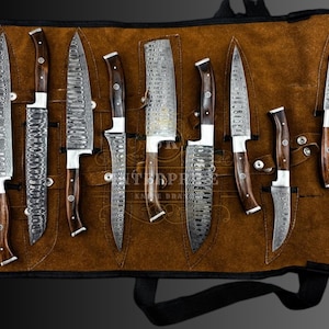 Handmade Damascus Chef Knife Set: Wooden Handle, Leather Sheaths