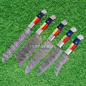 Handmade Damascus Chef Knife Set: American Flag Wood Handle, Leather Sheaths