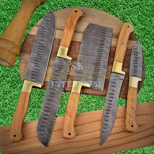 Handmade Damascus Chef Knife Set: Wooden Handle, Leather Sheaths