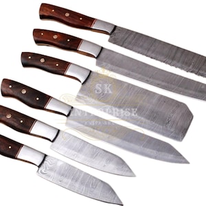 Handmade Damascus Chef Knife Set: Wooden Handle, Leather Sheaths