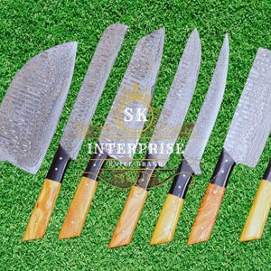 Handmade Damascus Chef Knife Set: 7-Piece Kitchen Knives with Wood Handle & Leather Sheath