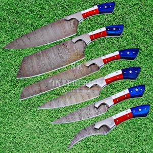 Handmade Damascus Chef Knife Set: American Flag Wood Handles, Leather Sheaths