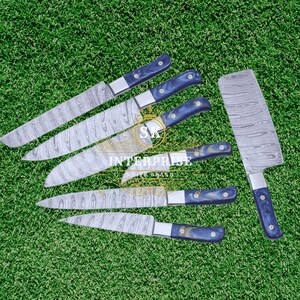 Handmade Damascus Chef Knife Set: 7-Piece Kitchen Knives with Wood Handle & Leather Sheath