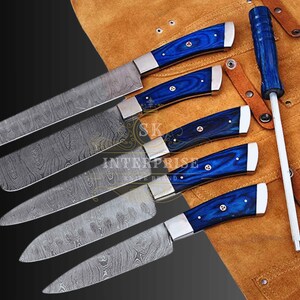 Handmade Damascus Chef Knife Set: Wooden Handles, Leather Sheaths