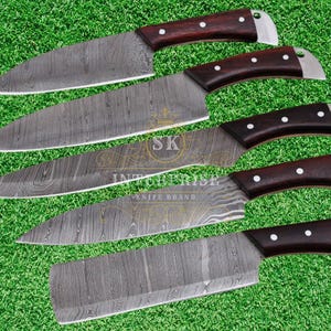 Handmade Damascus Chef Knife Set 5 pcs with Wooden Handles & Pure Leather Sheath – Premium Kitchen Cutlery