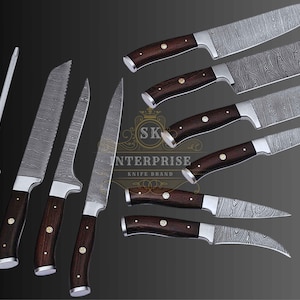 Handmade Damascus - 10 Piece Chef Knife Set with wooden Handles & Leather Sheaths – High-Quality Kitchen Cutlery
