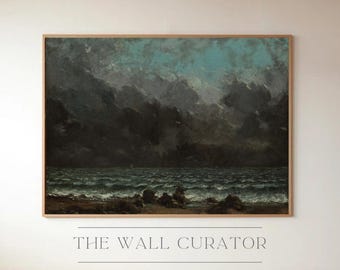 May include: A painting of a stormy seascape with dark clouds and choppy waves. The painting is framed in a wooden frame.