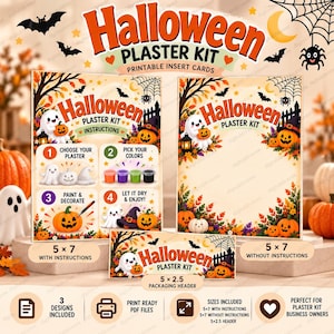 Può includere: Un set di schede stampabili per kit di gesso di Halloween con tre design: una scheda 5x7 con istruzioni, una 5x7 senza istruzioni e un'intestazione di imballaggio 5x2.5. Le schede mostrano grafiche arancioni, bianche e nere di fantasmi, zucche, pipistrelli e ragnatele con il testo Halloween Plaster Kit.