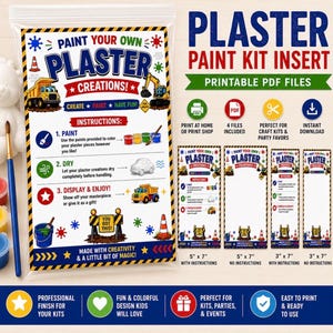 May include: A digital printable PDF kit insert for plaster painting projects featuring construction-themed graphics, including a dump truck, excavator, and traffic cones. The document includes step-by-step instructions, color icons, and four layout variations in 5x7 inch and 3x7 inch sizes.