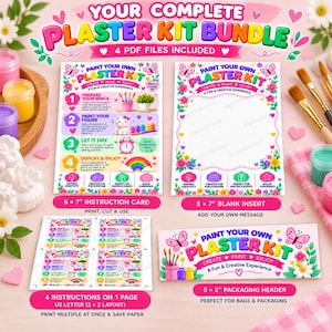 May include: A complete plaster kit bundle featuring a 5 x 7 inch instruction card, a 5 x 7 inch blank insert, a sheet with 4 instruction cards on one US letter page, and a 5 x 2 inch packaging header, all with colorful floral graphics.