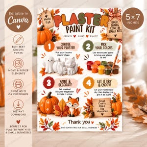 Puede incluir: Una tarjeta de instrucciones de 5x7 pulgadas para un kit de pintura de yeso con motivos otoñales que incluyen calabazas, hojas, un fantasma y un zorro. El texto detalla los pasos para elegir el yeso, pintar y secar, con un agradecimiento.