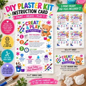 May include: A DIY plaster kit instruction card featuring a cartoon bear, paint palette, and step-by-step instructions. The set includes 8.5 by 11 inch sheets with cutting guides, a 5 by 2.5 inch header, and text detailing paint, create, and play steps.