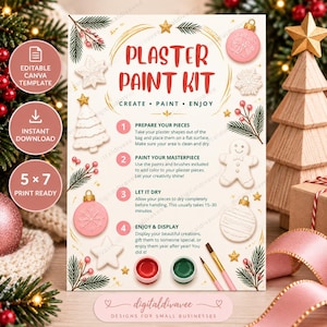 Può includere: Una scheda di istruzioni rettangolare per un kit di pittura su gesso con il testo PLASTER PAINT KIT, CREATE PAINT ENJOY e quattro passaggi numerati. Il design include illustrazioni di decorazioni natalizie, stelle e rami di pino.
