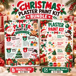 Pode incluir: Um kit de pintura de gesso de Natal com dois cartões de instruções com gráficos festivos em vermelho e verde, incluindo ilustrações do Pai Natal, um boneco de neve e uma rena, detalhando quatro passos para pintar figuras de gesso.