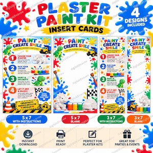 May include: A plaster paint kit insert card set featuring four designs with colourful paint splatters, dinosaur and truck graphics, and instructional text. The set includes 13x18 cm and 8x18 cm cards with instructions and blank spaces for creative projects.