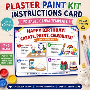 May include: A 7 x 5 inch plaster paint kit instruction card template featuring four steps: prep your space, paint and design, let it dry, and enjoy and share. The card includes colorful illustrations of a clock, paintbrush, rainbow, hourglass, gift, and cake.