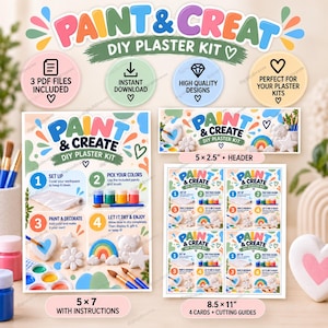 Può includere: Un kit digitale per gesso fai-da-te con schede di istruzioni colorate e il testo PAINT & CREATE DIY PLASTER KIT. Include una scheda da 12,7x17,8 cm, un'intestazione da 12,7x6,4 cm e un foglio da 21,6x27,9 cm con quattro schede e guide di taglio.