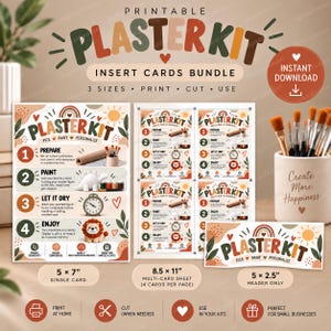 Op de afbeelding: Een printbare gipsset kaartenbundel met instructies voor een vierstappenproces: voorbereiden, schilderen, laten drogen en genieten. Het ontwerp bevat een regenboog, zon en leeuw grafische afbeelding met tekst in formaten van 12,7x17,8 cm en 21,6x27,9 cm.