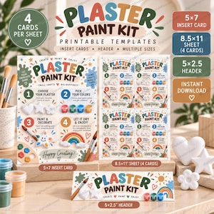 Op de afbeelding: Een digitale Plaster Paint Kit sjabloonset met 5x7 inch insteekkaarten, 8,5x11 inch vellen met 4 kaarten en 5x2,5 inch headers. De ontwerpen bevatten stapsgewijze instructies, kleurrijke afbeeldingen van verfpotjes, penselen en gipsen vormen.
