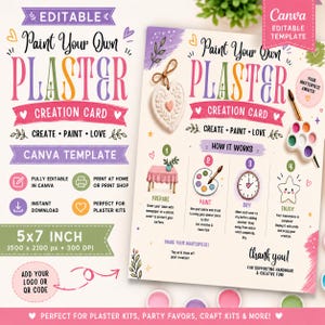 Op de afbeelding: Een bewerkbaar 12,7 x 17,8 cm Canva-sjabloon voor een Paint Your Own Plaster-creatiekaart. Het ontwerp bevat kleurrijke tekst, illustraties van een hartornament, een verfpalet en een vierstappenplan met de titel How It Works, inclusief Prepare, Paint, Dry en Enjoy.