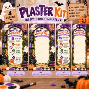 Op de afbeelding: Een set van vier Halloween-thema gipsset insteekkaart-sjablonen met paarse en oranje afbeeldingen, waaronder spoken, pompoenen en katten. De kaarten tonen de tekst Spooky Little Masterpiece en bevatten instructies voor schilderprojecten in 13x18 en 8x18 cm formaten.
