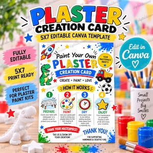 5x7 Plaster Creation Card Template, Editable Canva Paint Kit Insert, Kids Craft Instructions