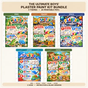 Puede incluir: El paquete Ultimate Boys' Plaster Paint Kit incluye cinco temas: Dino, Trucks, Space, Ocean y Safari. Cada tema cuenta con 20 archivos PDF imprimibles con instrucciones para elegir figuras de yeso, seleccionar colores, pintar y decorar.