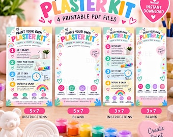 May include: A digital paint your own plaster kit set featuring four printable PDF files with instructions and blank templates. The colourful graphics include rainbows, hearts, and text detailing steps to get ready, paint, dry, and enjoy the craft.