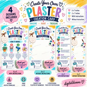 May include: A set of four digital creation cards for plaster kits, featuring colorful text and graphics. The cards include instructions for preparing, painting, drying, and enjoying plaster crafts, with options in 5x7 inch and 3x7 inch sizes.