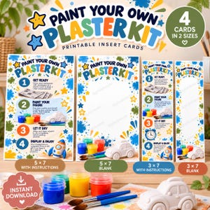 May include: A digital paint your own plaster kit set featuring four printable insert cards in 5x7 and 3x7 inch sizes. The cards display step-by-step instructions with blue, yellow, and green paint splatters, star graphics, and rocket illustrations.