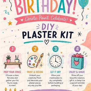 Op de afbeelding: Een kleurrijke instructieposter voor een DIY-gipsset met de tekst Happy Birthday, Create, Paint, Celebrate! en DIY PLASTER KIT. Het toont vier stappen: Prep Your Space, Paint & Design, Let It Dry en Enjoy & Share, geïllustreerd met een taart, ballonnen en cadeauverpakkingen.