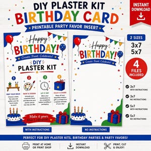 May include: A printable DIY plaster kit birthday card set featuring colorful text and graphics. The cards include instructions for painting and decorating, with illustrations of balloons, a birthday cake, and gift boxes in red, blue, and green.